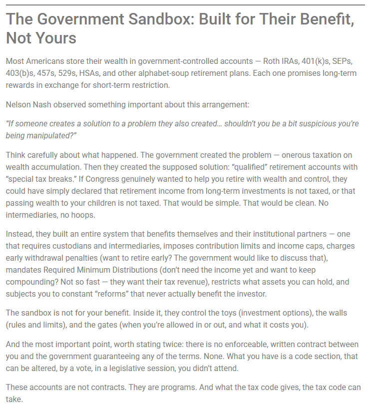 WealthXLiberty's tweet photo. The bank owns your house. Cede &amp; Co. owns your stocks. The IRS gets the first call on everything you leave behind.
You didn't build a portfolio. You built a collection of other people's terms and conditions.
Real wealth is built on agreements YOU control. 
Link in bio. https://t.co/ZOD1VyYFNt