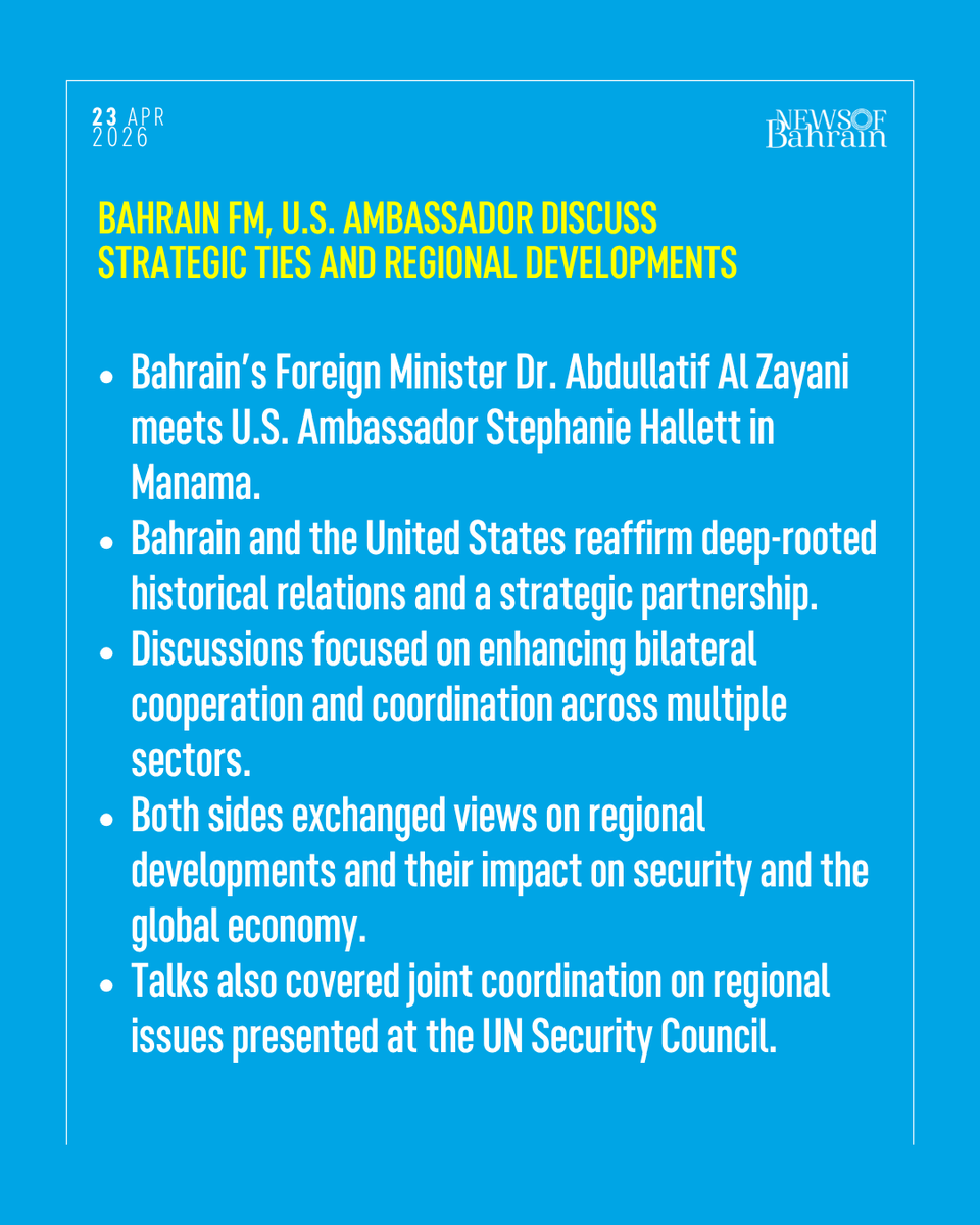 newsofbahrain's tweet image. Bahrain’s Foreign Minister Dr. Abdullatif Al Zayani meets U.S. Ambassador Stephanie Hallett in Manama, reaffirming strong bilateral ties and discussing regional and global developments.
#NewsofBahrain #news #Bahrain #Manama