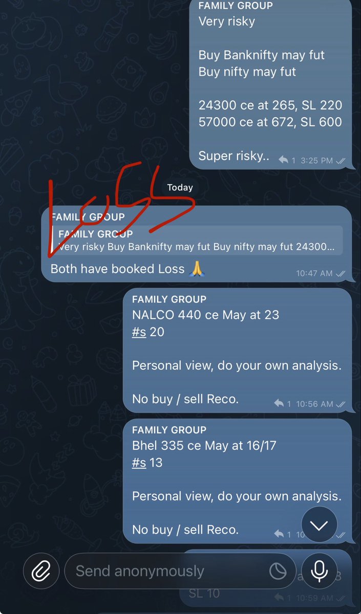 jags0923's tweet image. Was not active today because busy with my personal things :

Loss in overnight carrying positions :
#nifty may fut  ❌
#banknifty may fut ❌
24300 ce ❌
57000 ce ❌
Unionbank 205 ce ❌

Some loss recovery done during the day :
#nalco 440 ce may✅
#bhel 335 ce may✅
#hudco 200 ce