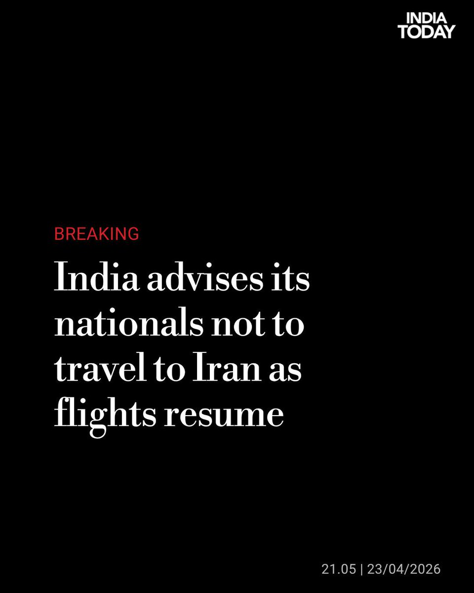 IndiaToday's tweet photo. #BreakingNews | India advises its nationals not to travel to Iran as flights resume.
More details awaited.
Read more: https://t.co/fIScayujfs
#IndiaAdvisory #Iran #TravelAdvisory #MEA #IndiansAbroad #FlightUpdates #GlobalNews #SafetyAlert https://t.co/1GBcAgWo3j