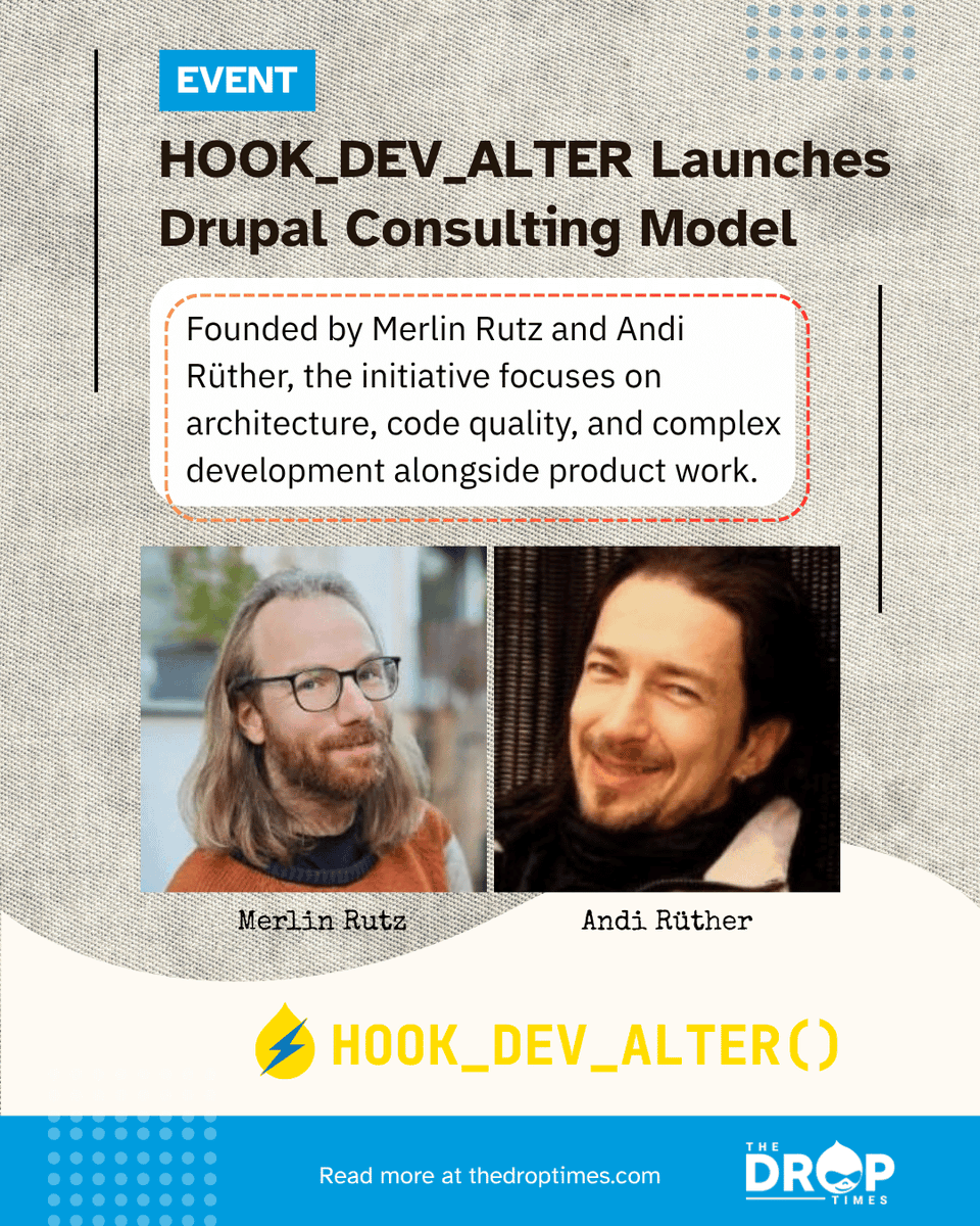 thedroptimes's tweet image. HOOK_DEV_ALTER launches Drupal consulting for agencies.

Focus: architecture, code quality, and complex module development for large projects.

bit.ly/4ts51Tn 

#Drupal #Consulting #Dev #OpenSource