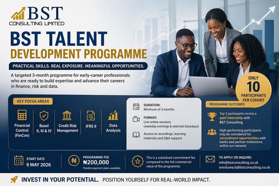 BstLimited's tweet photo. BST Consulting is onboarding a new cohort for its Talent Development Programme for early-career professionals in finance, risk &amp; data, this 3-month programme delivers real-world skills in FinCon, Basel II–IV, Credit Risk, IFRS 9 &amp; Data Analysis.
Apply: info@bstconsulting.co.uk https://t.co/MsI1KNwltT