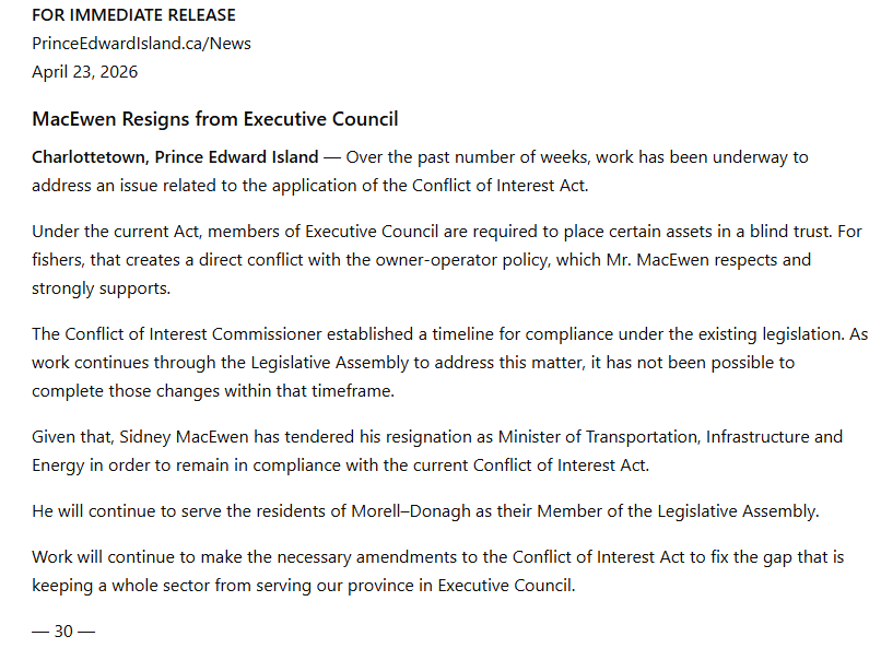 LouiseMartinCBC's tweet photo. #Breaking - Sidney MacEwen has resigned from Cabinet over Lobster fishing and Conflict of Interest
#PEI #peipoli https://t.co/eTFJHiLV7B