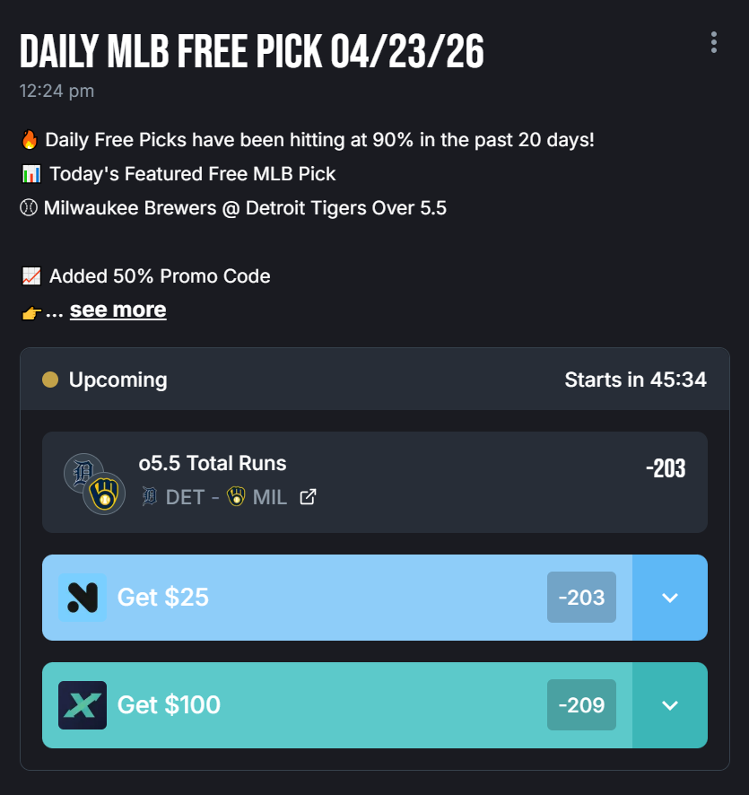 mlbanalyticspro's tweet photo. 🔥 Daily Free Picks have been hitting at 90% in the past 20 days!
📊 Today's Featured Free MLB Pick
⚾ Milwaukee Brewers @ Detroit Tigers Over 5.5

📈 Added 50% Promo Code
👉 https://t.co/48EI0N7bIz

#MLB #SportsBetting #MLBPicks #NFL #Moneyline #Parlay #NBAPicks #NHL #NBA https://t.co/8Y2mOC77T3