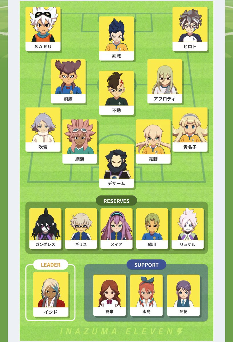 友達にイナイレについて話しながら作ったマイチーム編成
好きなキャラ集めただけのやつ。