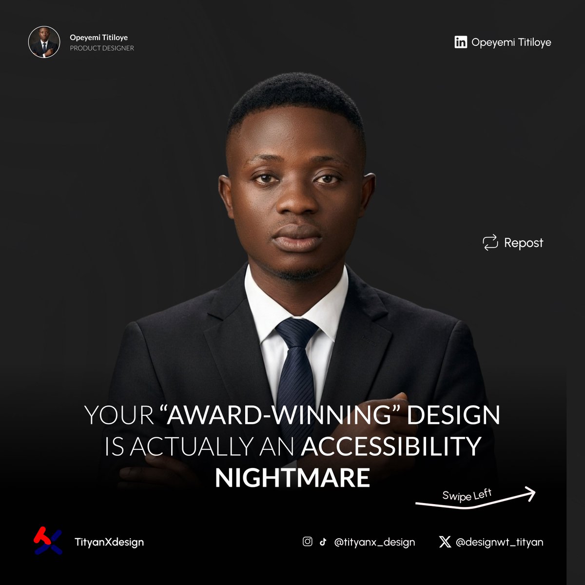 designwt_tityan's tweet photo. Unpopular opinion: If your design requires an M3 Macbook and 5G to look good, it’s actually a bad design. 🧵

#DesignReality #UXDesign #WebPerformance #InclusiveDesign #TechInNigeria #NigeriaTech #BuildForNigeria https://t.co/fssAcQ5wch