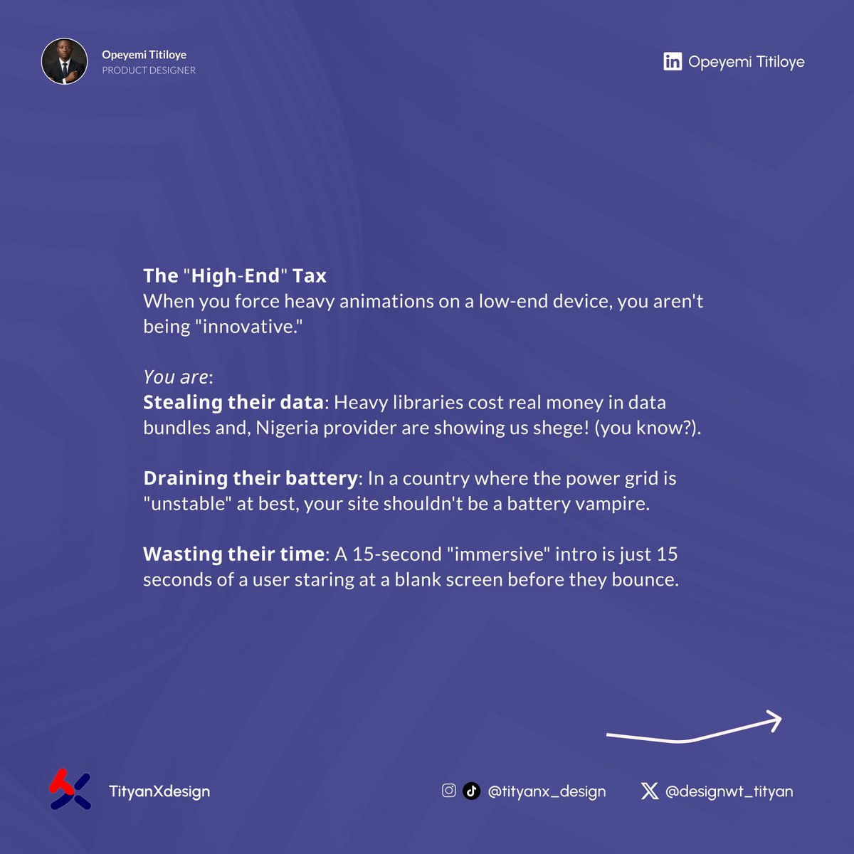 designwt_tityan's tweet photo. Unpopular opinion: If your design requires an M3 Macbook and 5G to look good, it’s actually a bad design. 🧵

#DesignReality #UXDesign #WebPerformance #InclusiveDesign #TechInNigeria #NigeriaTech #BuildForNigeria https://t.co/fssAcQ5wch