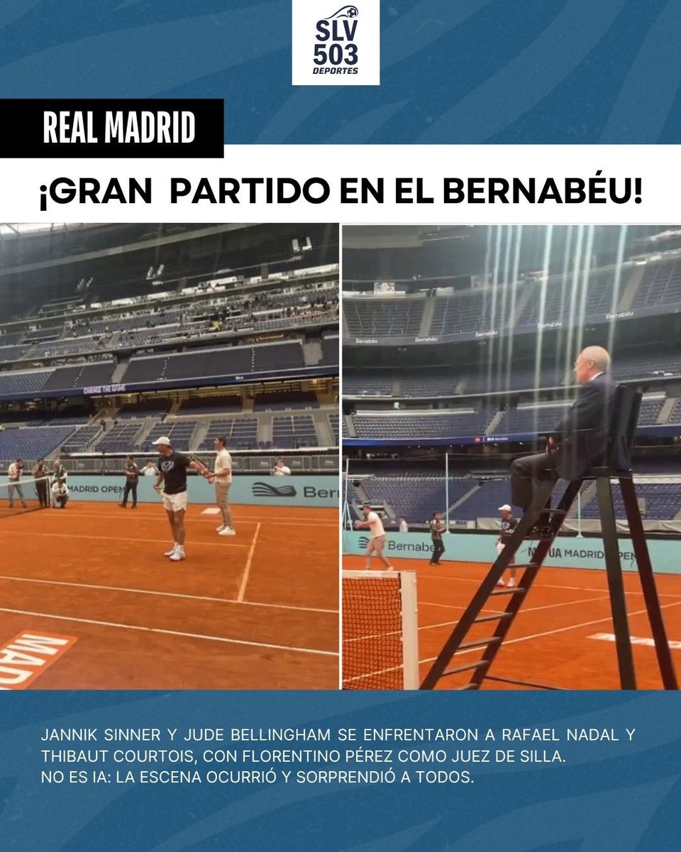 slv503com's tweet image. ¡PARTIDO INESPERADO EN EL BERNABÉU! 

Jannik Sinner y Jude Bellingham se enfrentaron a Rafael Nadal y Thibaut Courtois, con Florentino Pérez como juez de silla.

No es IA: la escena ocurrió y sorprendió a todos. 👀🎾⚽

#Sinner #Nadal #RealMadrid #slv503