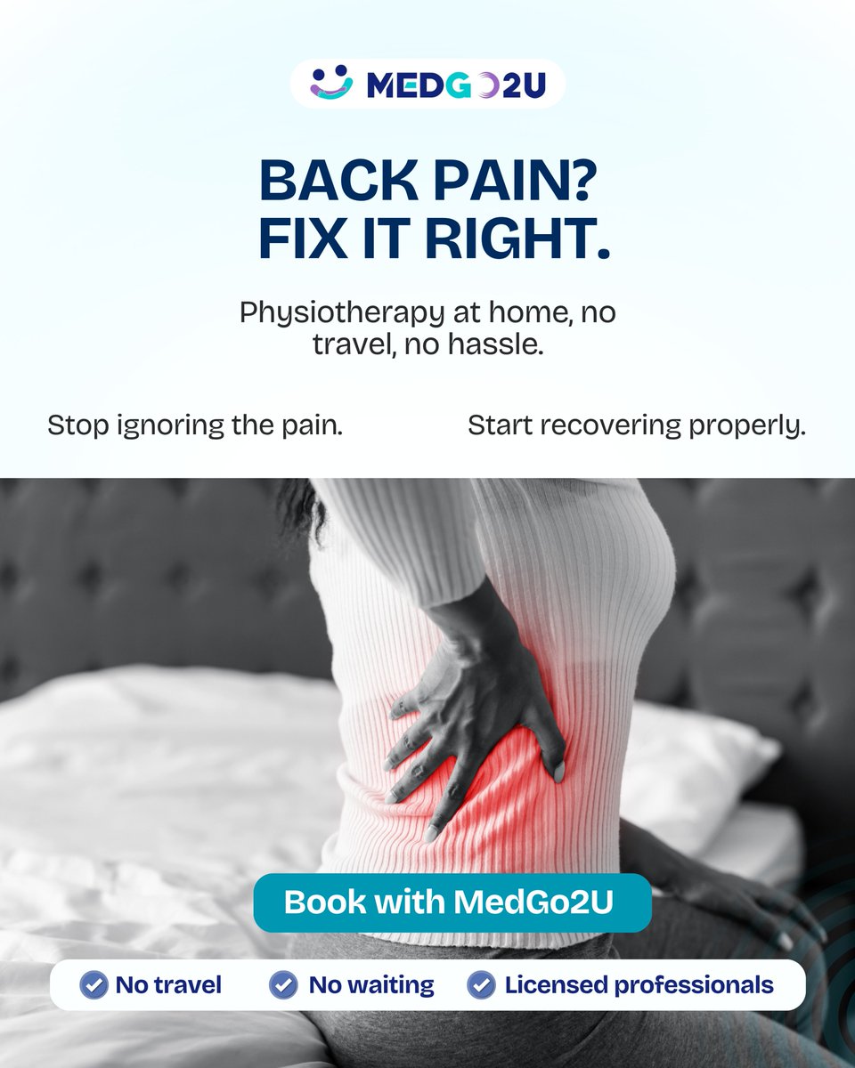 medgo2u's tweet image. Back pain?

Fix it right, with physiotherapy that comes to you.
No travel. No waiting. Just care.

#backpain #physiotherapy #painrelief #ukhealth #medgo2u