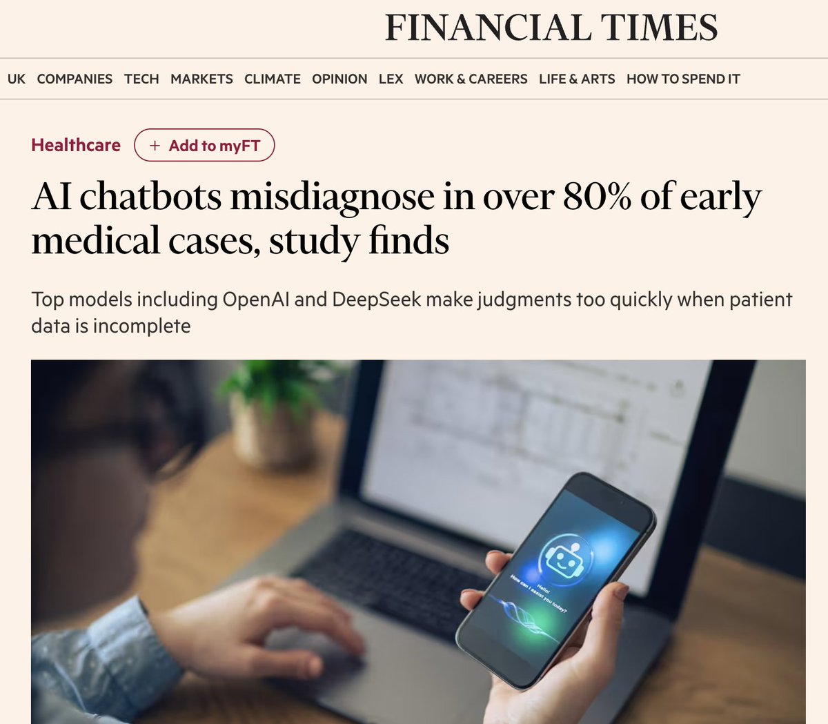 AI "failure rates exceeded 80 per cent for all models when they needed to do so-called differential diagnosis,  when full patient information was lacking."

"The researchers evaluated 21 LLMs, including leading models by OpenAI, Anthropic, Google, xAI and DeepSeek.