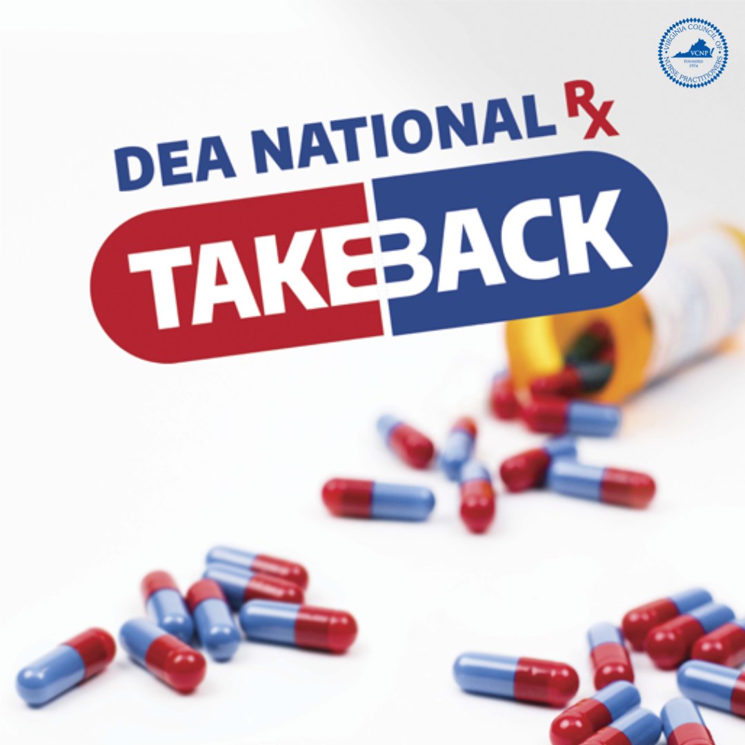 VACNP's tweet photo. Do you or your patients have expired, unused or unwanted medications? Turn them in for safe disposal on April 25 during the DEA’s National Prescription Drug Take Back Day. Get details and share with your patients. https://t.co/rrkTvUfUIM #DrugTakeBack https://t.co/crCHQg6sCN