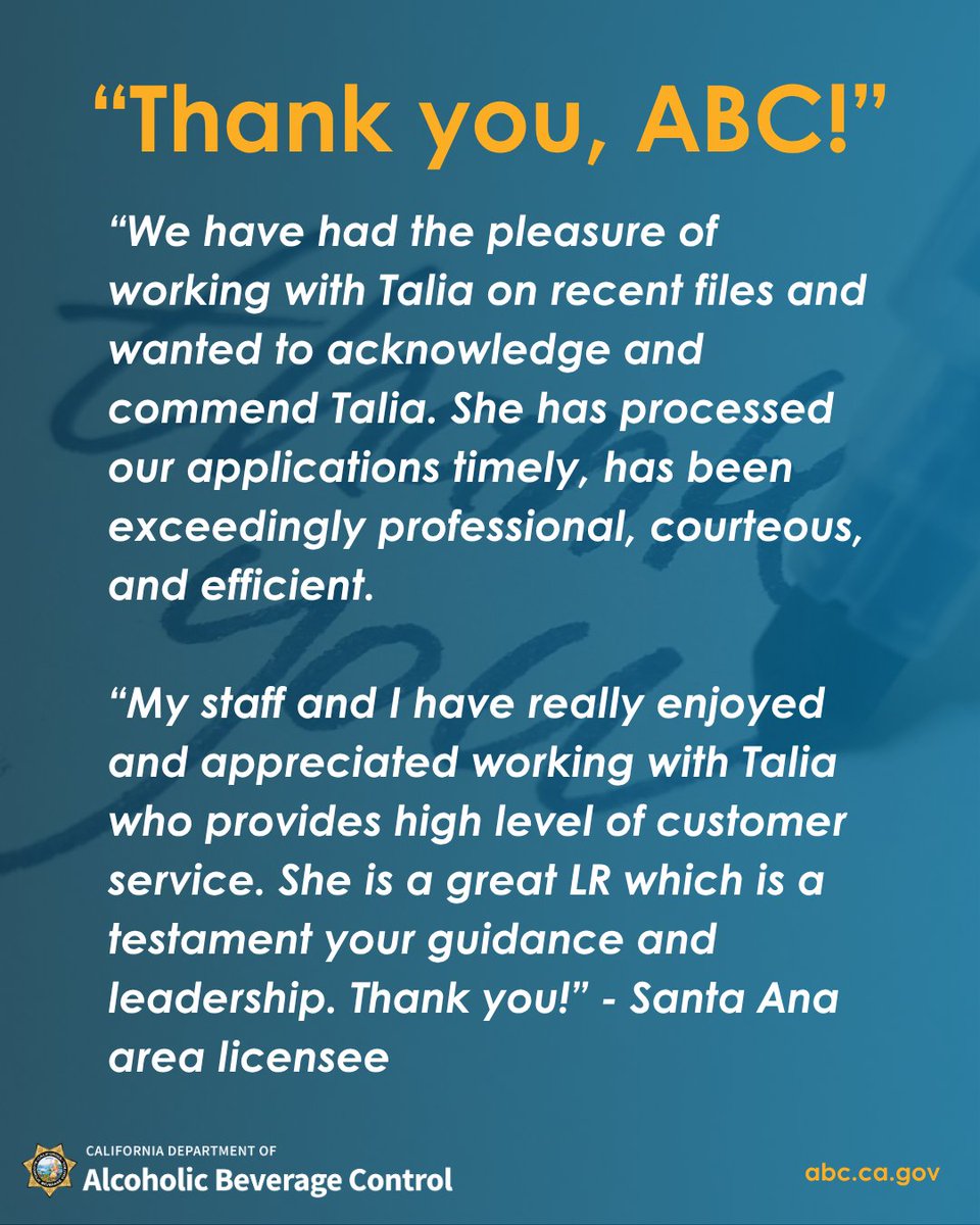 CA_ABC's tweet photo. ABC’s licensing representatives strive to make the application process efficient and transparent while also operating with fairness and integrity. We’re always delighted when licensees share appreciation for our staff. Thank you, licensees! https://t.co/ok99ajgdTm