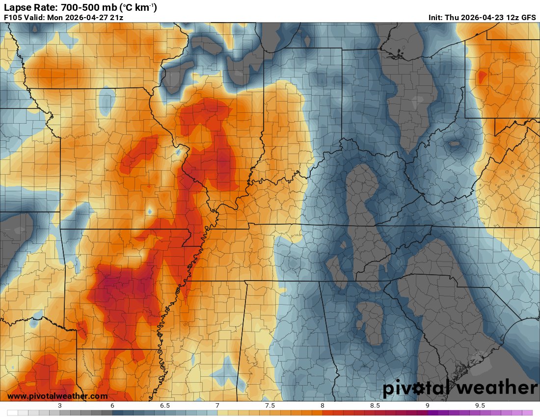 Vorticity4401's tweet image. With new 12z suites coming in for 4/27, there is potential for a high-end event given current slowing trends. 1/5

500mb jet max atop OWS, 993mb SFC low in close proximity, Impressive plains-esq thermos &amp;gt;8.0 C/km EML broadly across OWS, and 40-50kt LLJ. #wxtwitter