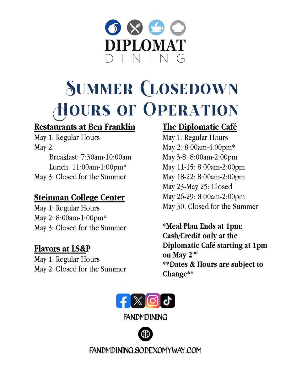 fandmdining's tweet photo. As the semester and school year wind down, we wanted to share the dining hours for the rest of the school year. Happy Summer! #fandmdining @FandMCollege https://t.co/UamNDoxJha