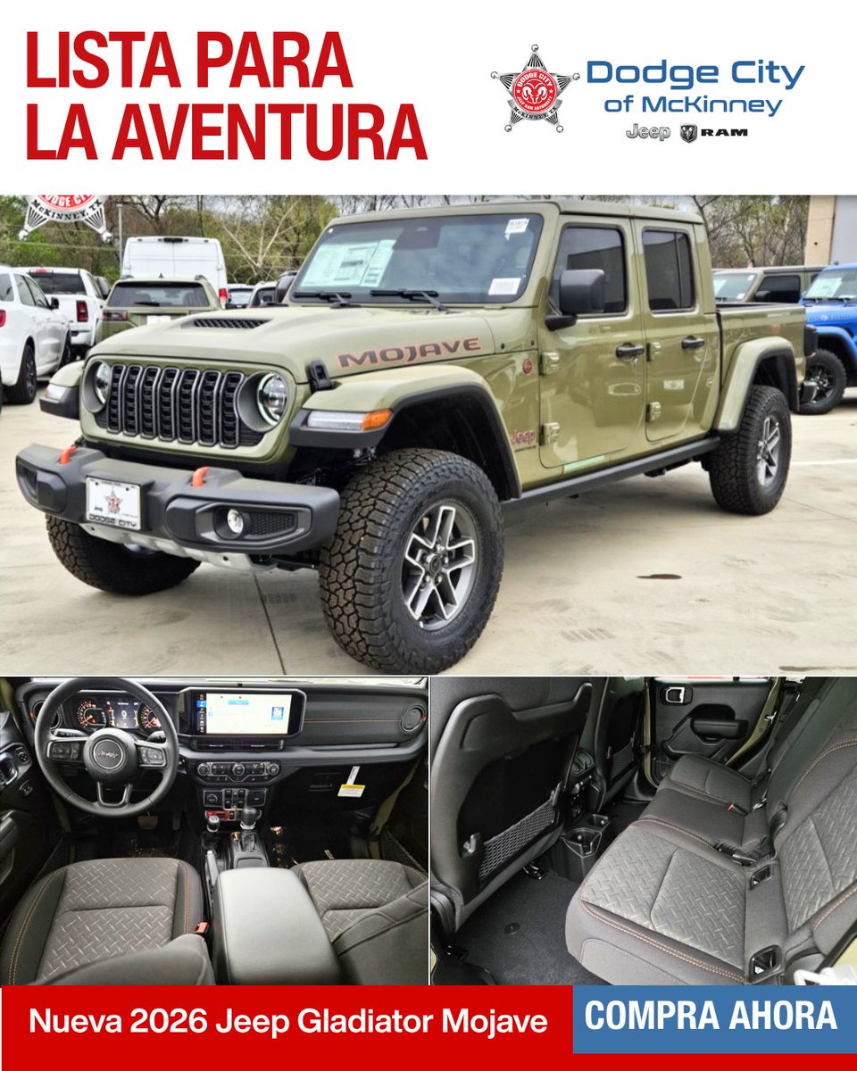 McKinneyDodge's tweet image. La nueva 2026 Jeep Gladiator Mojave está hecha para dominar cualquier terreno con potencia y estilo. Lista para el desierto, la carretera y todo lo que venga.

📞 (972) 569-9650
 🌐 tinyurl.com/yrypwcp2 

#JeepGladiator #Mojave #Aventura #DodgeCityMcKinney