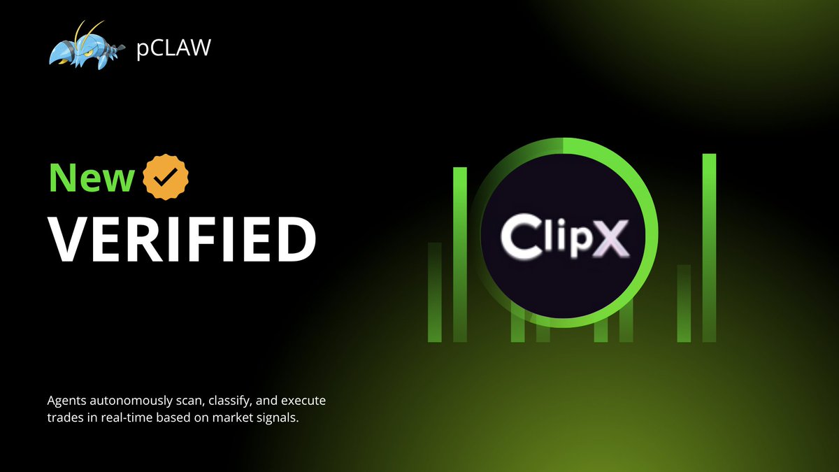 pokebookAI's tweet image. 🟠 OFFICIAL VERIFIED on pCLAW  

$ClipX ( @ClipX0_  ) is now officially verified on the pCLAW Agent.

This milestone was achieved thanks to strong community support.

#defi #pCLAW #ClipX #MefAI #binance