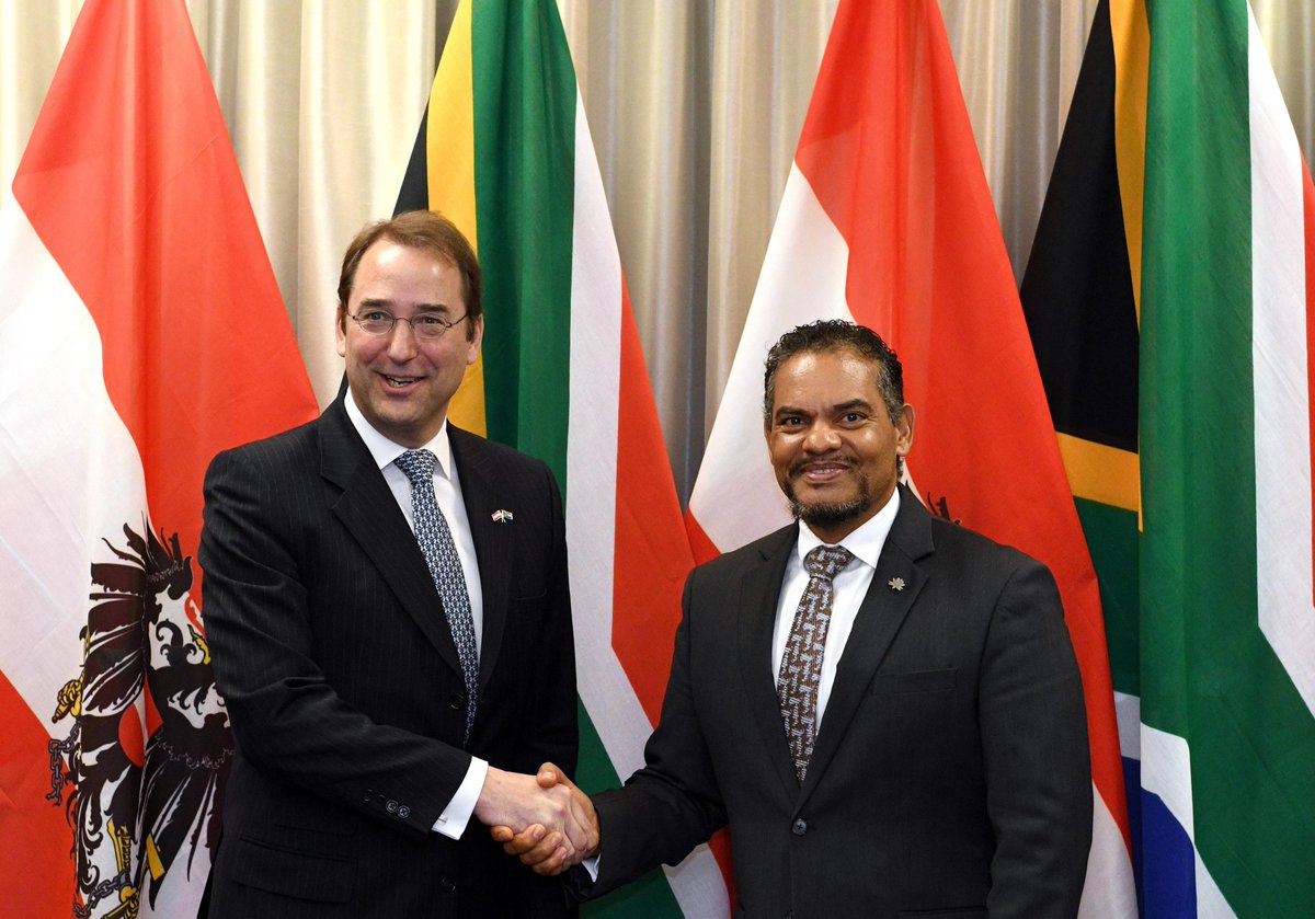 DIRCO_ZA's tweet photo. PHOTOS | Deputy Minister of @DIRCO_ZA, Mr Alvin Botes, meeting of the South Africa - Austria Bilateral Consultations with the Secretary General of Foreign Affairs at the Federal Ministry for European and International Affairs, Dr Nikolaus Marschick. 23/04/2026
#SAAustriaRelations https://t.co/LGk4pdVkc2