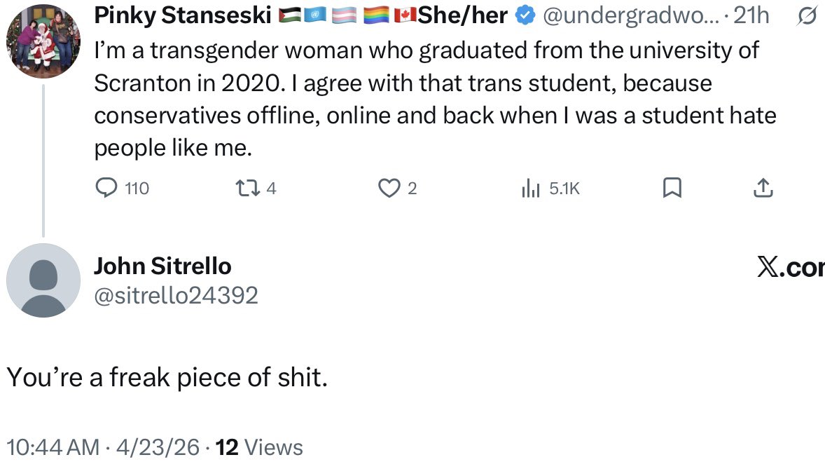 undergradwoman's tweet image. This is another example of harassment I and my mom Sophie get from #Scranton, PA area #DonaldTrump supporters, #Conservatives  or #Zionists. My constable job is an elected office, so if John Sitrello or others try to violate our #1stAmendment rights, the ACLU will take action.