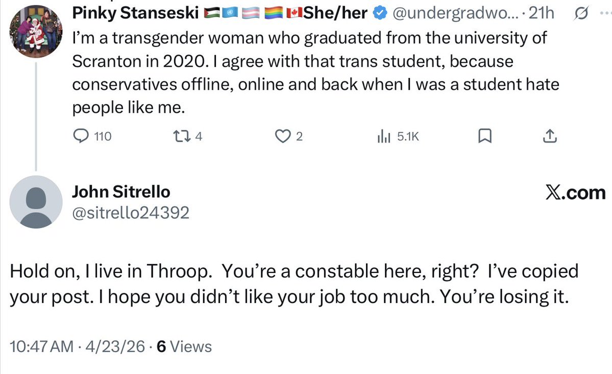 undergradwoman's tweet image. This is another example of harassment I and my mom Sophie get from #Scranton, PA area #DonaldTrump supporters, #Conservatives  or #Zionists. My constable job is an elected office, so if John Sitrello or others try to violate our #1stAmendment rights, the ACLU will take action.