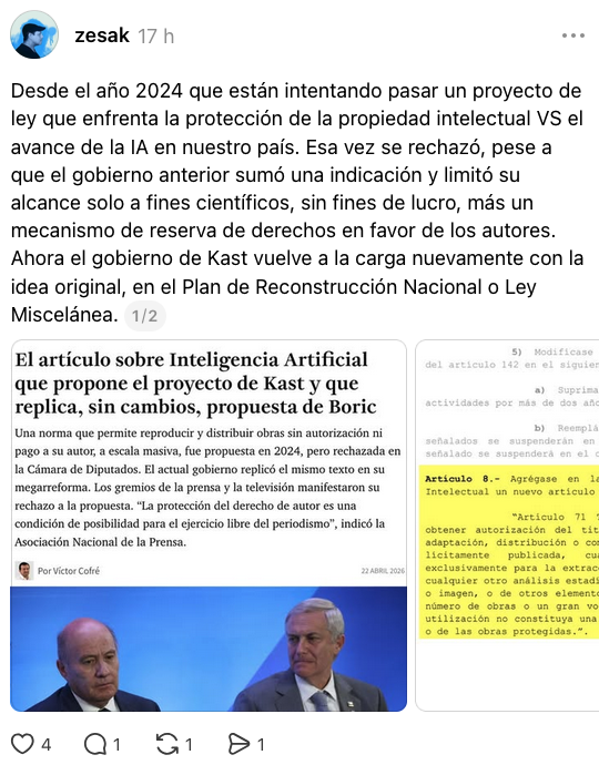 <a href="/rorral/">Don Rorro Sinergia</a> Es el segundo intento de aprobar esta idea.
Y como antecedente, hace unos meses Anthropic acordó pagar 1.500 millones de dólares por usar libros pirateados para el entrenamiento de su IA.