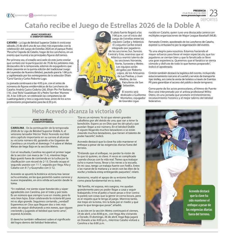 sbsportsmedia's tweet photo. . @presenciapr jueves, 23 de abril de 2026 / Cataño recibe el Juego de Estrellas 2026 de la Doble A

Por: @jeancrod https://t.co/F35YupcwUS