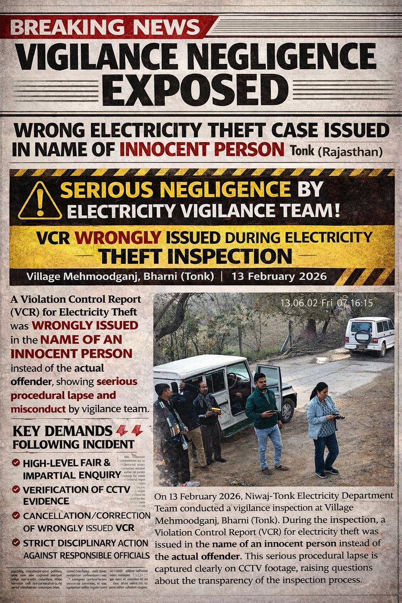 keematraj564288's tweet image. @AVVNL @RajGovOfficial @DmTonk मेरे नाम ₹48,473 का गलत VCR जारी। Re-inspection के बाद भी रिपोर्ट लंबित। कृपया तुरंत जांच रिपोर्ट दें व गलत VCR निरस्त करें। #Tonk #Electricity