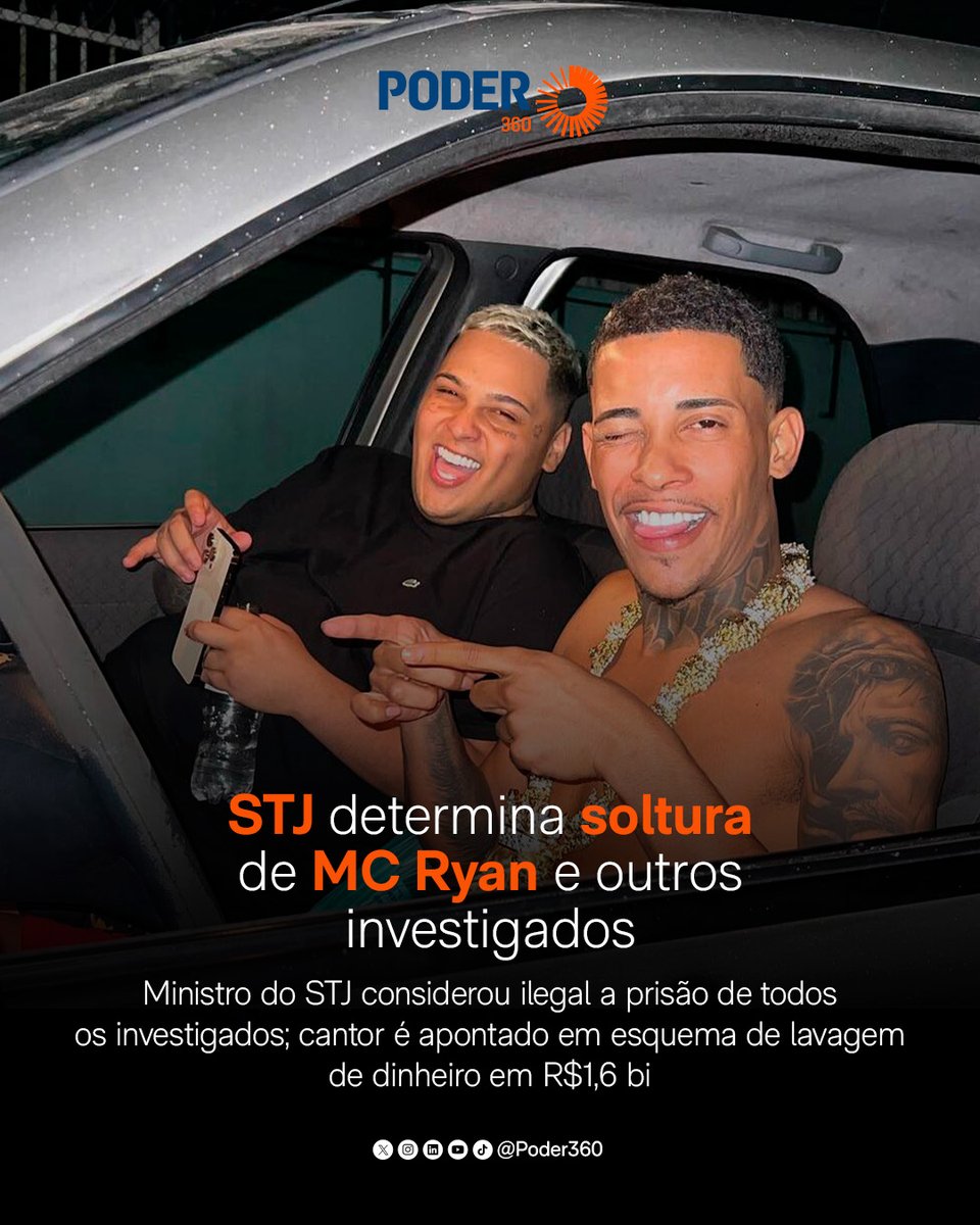 Poder360's tweet image. #Justiça ⚖️ O ministro Messod Azulay Neto, do STJ (Superior Tribunal de Justiça), determinou nesta 5ª feira (23.abr.2026) a soltura de Ryan Santana dos Santos, conhecido como MC Ryan, e dos demais investigados presos temporariamente na operação Narco Fluxo. A Polícia Federal
