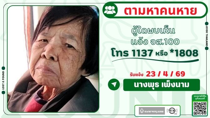 หญิงชรามีอาการหลงลืม หายจากบ้านซ.ตรอกบ้านหล่อ ถ.วิสุทธิกษัตริย์ เขตพระนคร ผู้ใดพบเห็นแจ้ง JS100 โทร *1808 หรือ 1137

รายละเอียดเพิ่มเติม : js100.com/en/site/lost_f…

#คนหาย #ตามหาคน #JS100