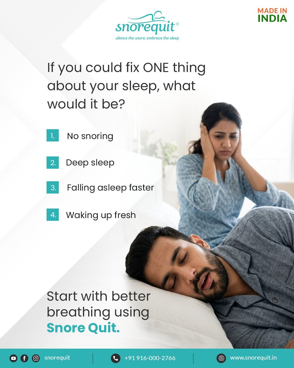 SnoreQuit's tweet photo. If you could fix ONE thing about your sleep, what would it be?

A) No snoring
B) Deep sleep
C) Falling asleep faster
D) Waking up fresh

Start with better breathing using Snore Quit.

Visit: https://t.co/eweJzl3fZ8

Call us: +91 916-000-2766

#SnoreQuit #SleepGoals #BetterSleep https://t.co/9Hd50SLfSF