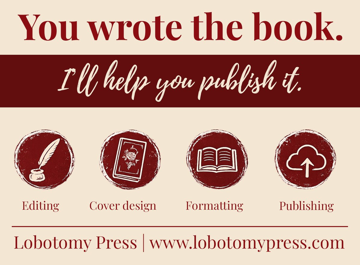 LobotomyPress's tweet image. #WritingCommunity #AmWriting #SelfPublishing #IndieAuthor #Authors #BookPublishing #WritersLife #Editing #BookDesign #CoverDesign #Formatting #PubTips #WritingTips #AuthorSupport #IndieWriters #AmEditing #WritersCommunity #BookPromo #SmallBusiness #LobotomyPress