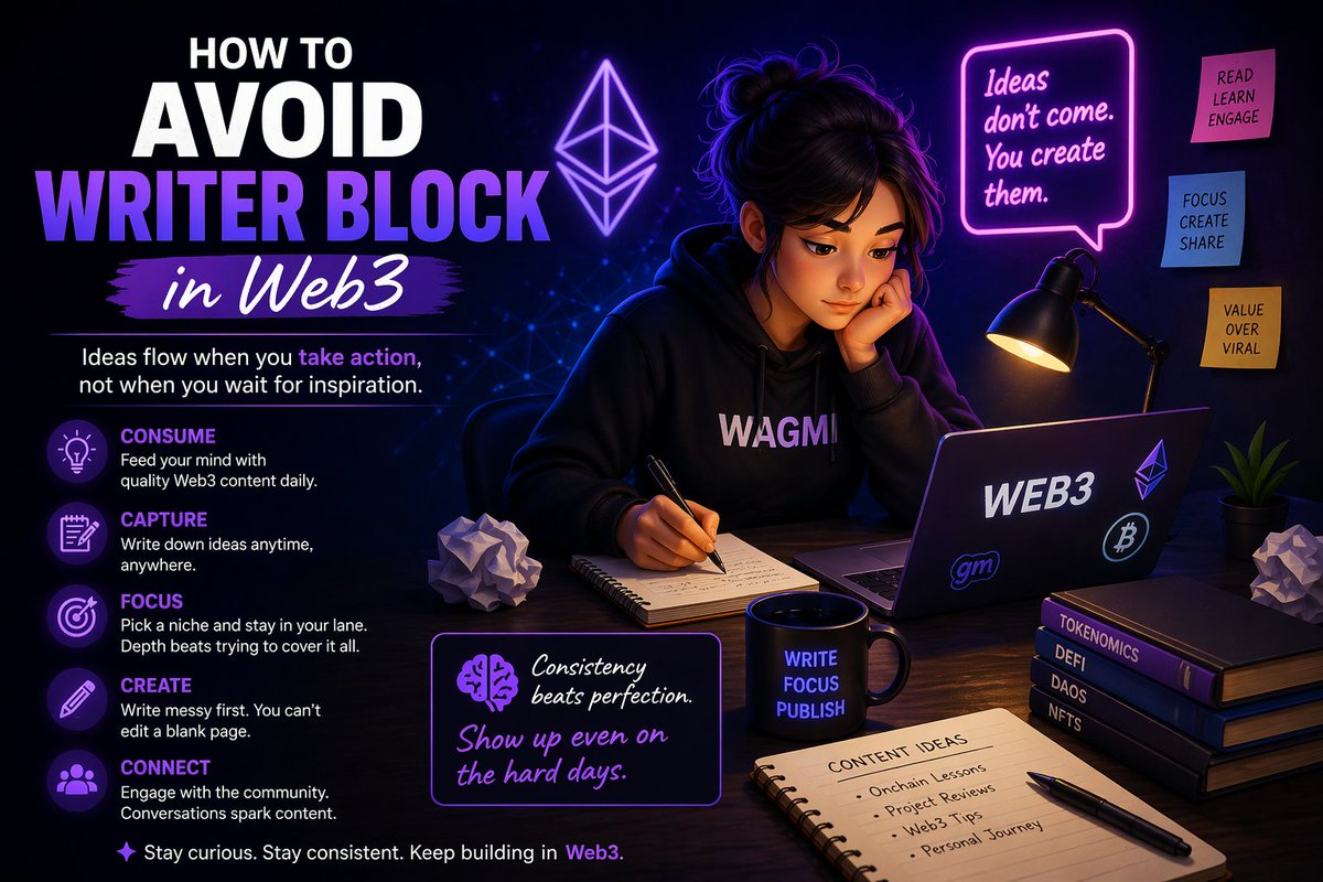Myra_Web3_Queen's tweet photo. 𝐇𝐨𝐰 𝐭𝐨 𝐀𝐯𝐨𝐢𝐝 𝐖𝐫𝐢𝐭𝐞𝐫’𝐬 𝐁𝐥𝐨𝐜𝐤 𝐢𝐧 𝐖𝐞𝐛𝟑

In Web3, content moves quickly. One moment there’s a new project, and the next, there’s a new narrative.

If you find yourself staring at a blank screen, know that writer’s block in Web3 often results from feeling overwhelmed, distracted, or trying too hard to sound intelligent. Here’s how to overcome it:

𝟏. 𝐒𝐭𝐨𝐩 𝐓𝐫𝐲𝐢𝐧𝐠 𝐭𝐨 𝐊𝐧𝐨𝐰 𝐄𝐯𝐞𝐫𝐲𝐭𝐡𝐢𝐧𝐠: Web3 encompasses a vast array of topics. If you wait until you fully understand DeFi, NFTs, DAOs, AI, and tokenomics before writing, you’ll never get started. Choose one specific topic and focus on that.

𝟐. 𝐖𝐫𝐢𝐭𝐞 𝐀𝐛𝐨𝐮𝐭 𝐖𝐡𝐚𝐭 𝐘𝐨𝐮’𝐫𝐞 𝐋𝐞𝐚𝐫𝐧𝐢𝐧𝐠: Share your discoveries rather than only what you’ve already mastered. Some of your best content will come from explaining concepts you just learned.

𝟑. 𝐄𝐧𝐠𝐚𝐠𝐞 𝐁𝐞𝐟𝐨𝐫𝐞 𝐘𝐨𝐮 𝐂𝐫𝐞𝐚𝐭𝐞: If you’re not reading threads, joining discussions, or interacting with others, your creativity will dry up. Remember, input fuels output.

𝟒. 𝐂𝐫𝐞𝐚𝐭𝐞 𝐁𝐞𝐟𝐨𝐫𝐞 𝐘𝐨𝐮 𝐅𝐞𝐞𝐥 𝐑𝐞𝐚𝐝𝐲: Many people wait for the perfect idea, but that can be a trap. Start writing, even if your first draft is messy; you can refine it later.

𝟓. 𝐒𝐭𝐚𝐲 𝐀𝐜𝐭𝐢𝐯𝐞 𝐖𝐡𝐞𝐧 𝐘𝐨𝐮 𝐅𝐞𝐞𝐥 𝐒𝐭𝐮𝐜𝐤: A short post is better than silence. In Web3, consistency is more important than perfection.

Writer’s block isn’t the end of your creativity; it’s a signal that you need more input, less pressure, and a simpler approach.

You are always welcome! 💜