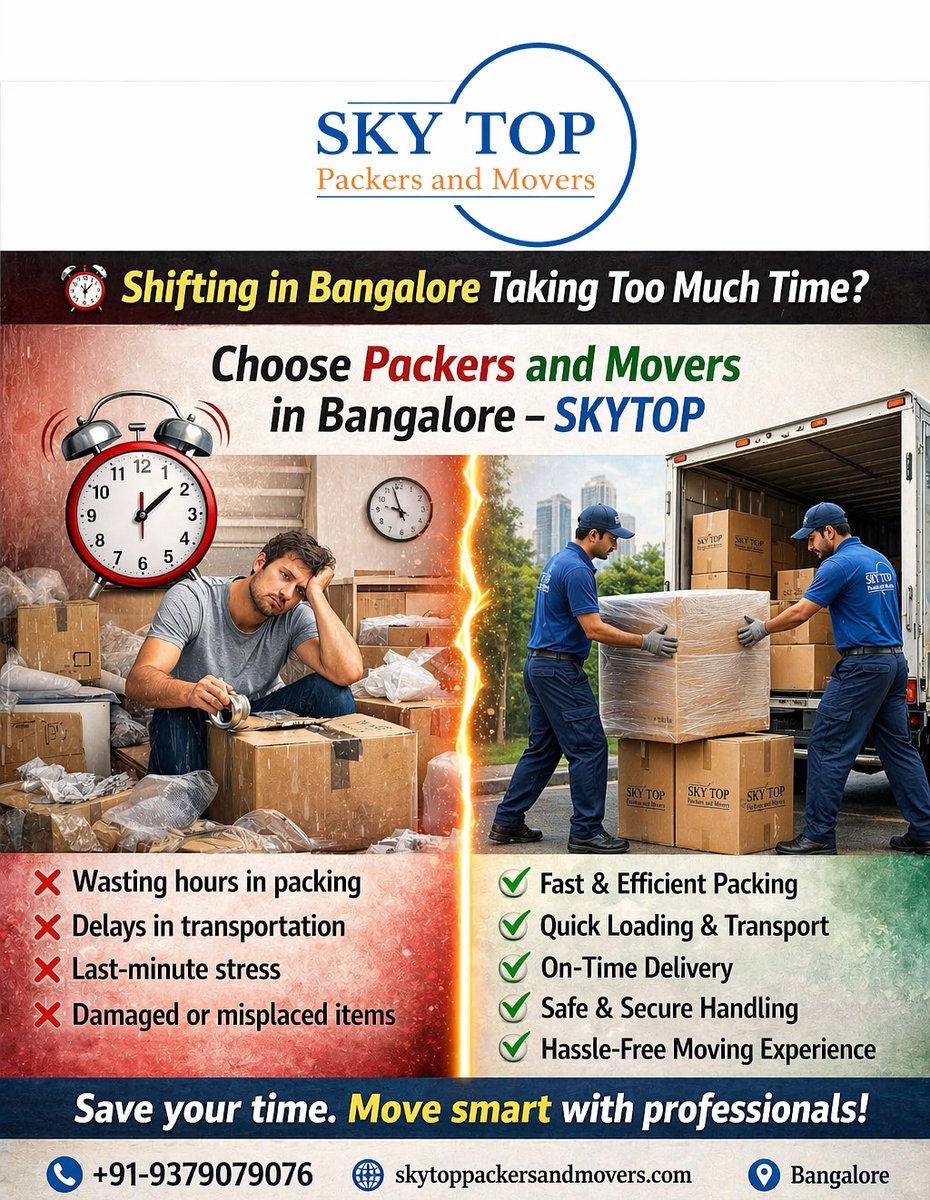SkyTopPackers's tweet image. 📦 Trusted Packers &amp;amp; Movers in Bangalore
✅ Safe Packing
✅ Timely Delivery
✅ Stress-Free Shifting
Mobile No: +91-9379079076
#SafeMove #RelocationExperts #SafeMoving #TrustedMovers #PackersAndMovers #moversandpackers #localmovers #fastmoving