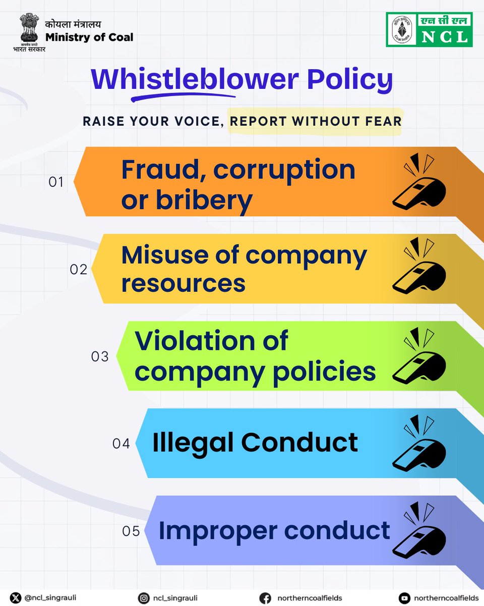NCL_SINGRAULI's tweet image. Fraud, corruption, misuse of resources, policy violations, illegal or improper conduct—every concern matters and every voice counts.

Raise your voice for a fair and responsible workplace.

#WhistleblowerPolicy #MyNCL #CoalIndia #BijliKiBuniyaad 

@kishanreddybjp | @satishdubeyy