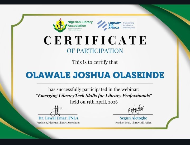 OlawaleOla92's tweet image. In the Technological Era, it is essential for Librarians to possess the relevant Emerging Trends Skills necessary for optimal information practice. I am pleased to share another milestone in for Library and Information Professionals in the Digital Age. #NLA #LibraryAidAfrica #LIS