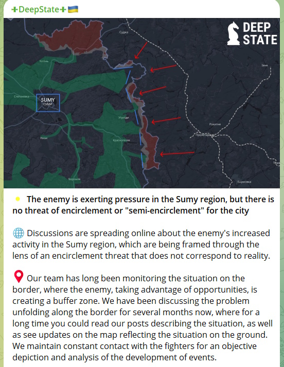 SitrepLinksENG's tweet image. On Apr 20, @Deepstate_UA denied claims about an alleged threat of a partial encirclement of Sumy: 🇷🇺forces are pressing along the Sumy border, seeking to establish a buffer zone through persistent small-unit infiltrations, but 🇺🇦forces have thus far prevented deep penetrations⬇️