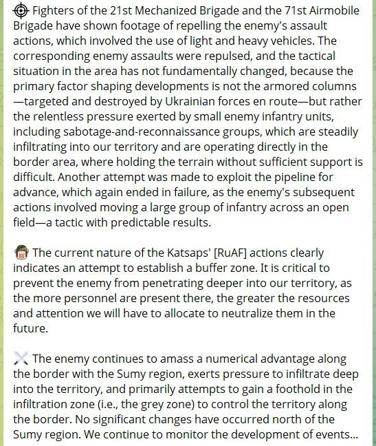 SitrepLinksENG's tweet image. On Apr 20, @Deepstate_UA denied claims about an alleged threat of a partial encirclement of Sumy: 🇷🇺forces are pressing along the Sumy border, seeking to establish a buffer zone through persistent small-unit infiltrations, but 🇺🇦forces have thus far prevented deep penetrations⬇️