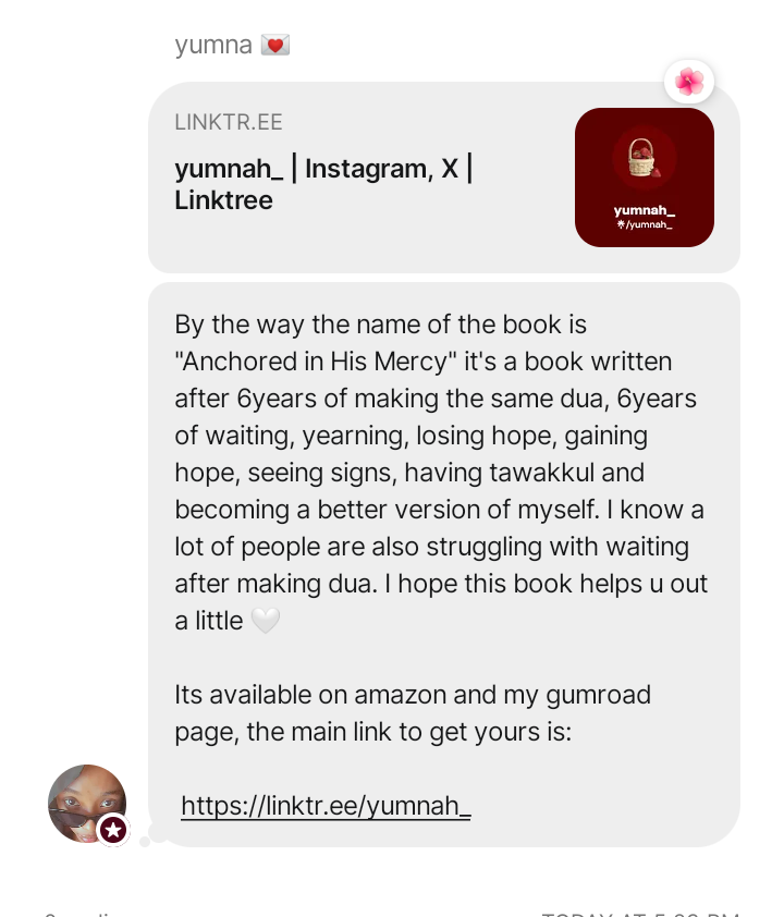 Salaam, I need a little help plsss, so I published my first book on the 1st of January, 2026... And I would really appreciate it if you guys can help me retweet or share my book link with your loved ones. Its available on Amazon. Link: linktr.ee/yumnah_