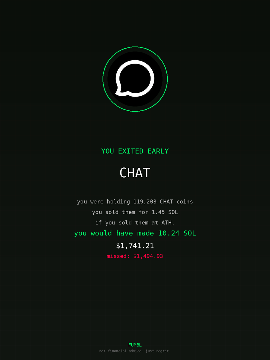 husseinalshrafy's tweet image. generational sell on $CHAT checked using fumbledbags.com 

53FEad96cwhLZuMUXyxLiWR1n522ubYacJvYju2pump
#metamask 
#combination