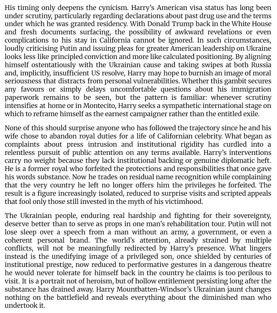 ImpartialEyes's tweet image. #DumbHarry's unannounced Kyiv jaunt exposes his hypocrisy: too "dangerous" for the UK, yet he struts a real war zone hawking his failing Sussex brand. No country or institution backs him - just desperate self-promotion &amp;amp; cynical Putin-bashing amid visa worries

#UnSussexful