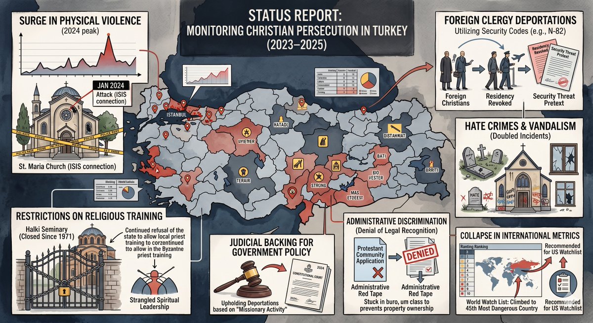 Ofer_binshtok's tweet photo. For your information: After the Central Asian Turkish Muslims invaded Greek Christian Anatolia and annihilated Christianity until a mere 0.2% remained, this is still not enough for them: today’s Turkish Muslims continue to torment and persecute the surviving remnant until not a single living Christian remains in the country.

The following is a concise report summarizing the primary trends in Christian persecution in Turkey from 2023 to 2025:

By: Ofer Binshtok

Surge in physical violence: Armed attacks reached a peak, including the Santa Maria Church assault in Istanbul (January 2024) where ISIS militants murdered one person.

Deportation of foreign clergy: The state utilizes "security codes" (such as N-82) to revoke residency visas for hundreds of foreign Christians and their families: authorities cite "security threats" as a pretext for targeting religious activity.

Hate crimes doubled: Incidents of vandalism, cemetery desecration, and hate-speech graffiti on churches nationwide have spiked.

Restrictions on religious training: The government's continuous refusal to permit local seminaries (such as the Halki Seminary) is systematically strangling the development of spiritual leadership.

Administrative discrimination: Authorities deny legal recognition to religious communities, primarily Protestants: this prevents them from purchasing property or operating legal houses of worship.

Judicial backing for government policy: Constitutional Court rulings in 2024 upheld Christian deportations based on "missionary activity": these decisions provide a legal veneer for state-sponsored pressure on the community.

Collapse in international metrics: Turkey has climbed the rankings of the world's most dangerous countries for Christians, currently placing 45th: international bodies now recommend its inclusion on US watchlists.