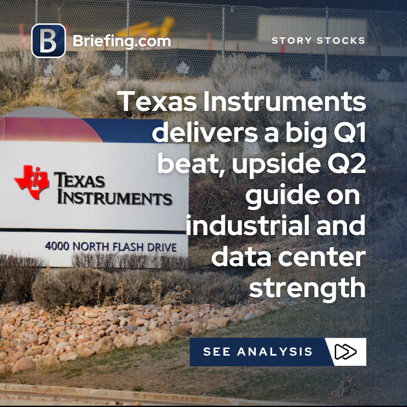 Briefingcom's tweet image. $TXN: Texas Instruments (+19.5%) isn’t just beating, it’s signaling a turn. Industrial demand may finally be gaining momentum, carrying over into Q2. See full analysis: briefing.com/story-stocks/a… #TXN #analog #datacenter #industrial #earnings #semiconductor $ON $MCHP $NXPI $SOXX