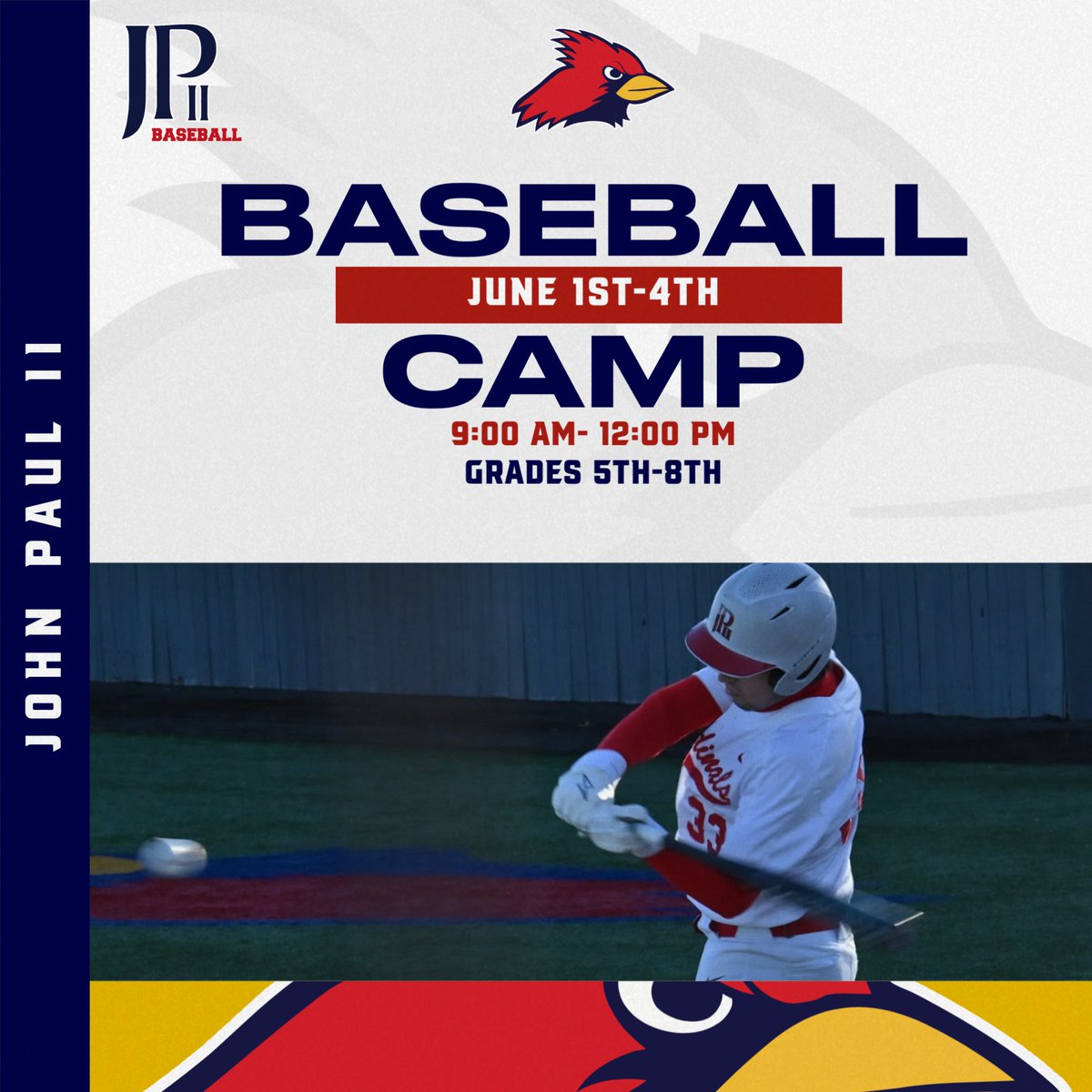 jpiihsbaseball's tweet photo. Step up to the plate at the John Paul II Baseball Camp!

📅 June 1st–4th
🕘 9:00 AM – 12:00 PM
🎓 Grades 5th–8th

Sharpen your skills and take your game to the next level this summer.

Register Now: https://t.co/Zjdmp8QRyz

#JPII #BaseballCamp #YouthSports #SummerBall https://t.co/ca2jQN4MuQ