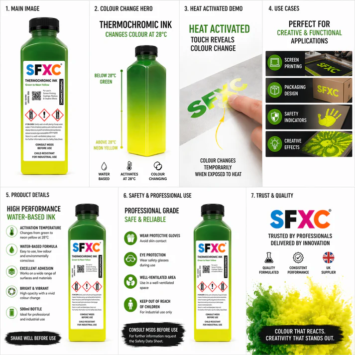 SFXC_UK's tweet photo. Temperature Responsive Thermochromic Ink - Green to Neon Yellow changes from green to yellow at 28C and then goes back to green again later when it cools down!  Screen-printin with it or paint with it!  Ready to use and water-based!
https://t.co/fZaxCiirWX https://t.co/MF6ELCfTu8