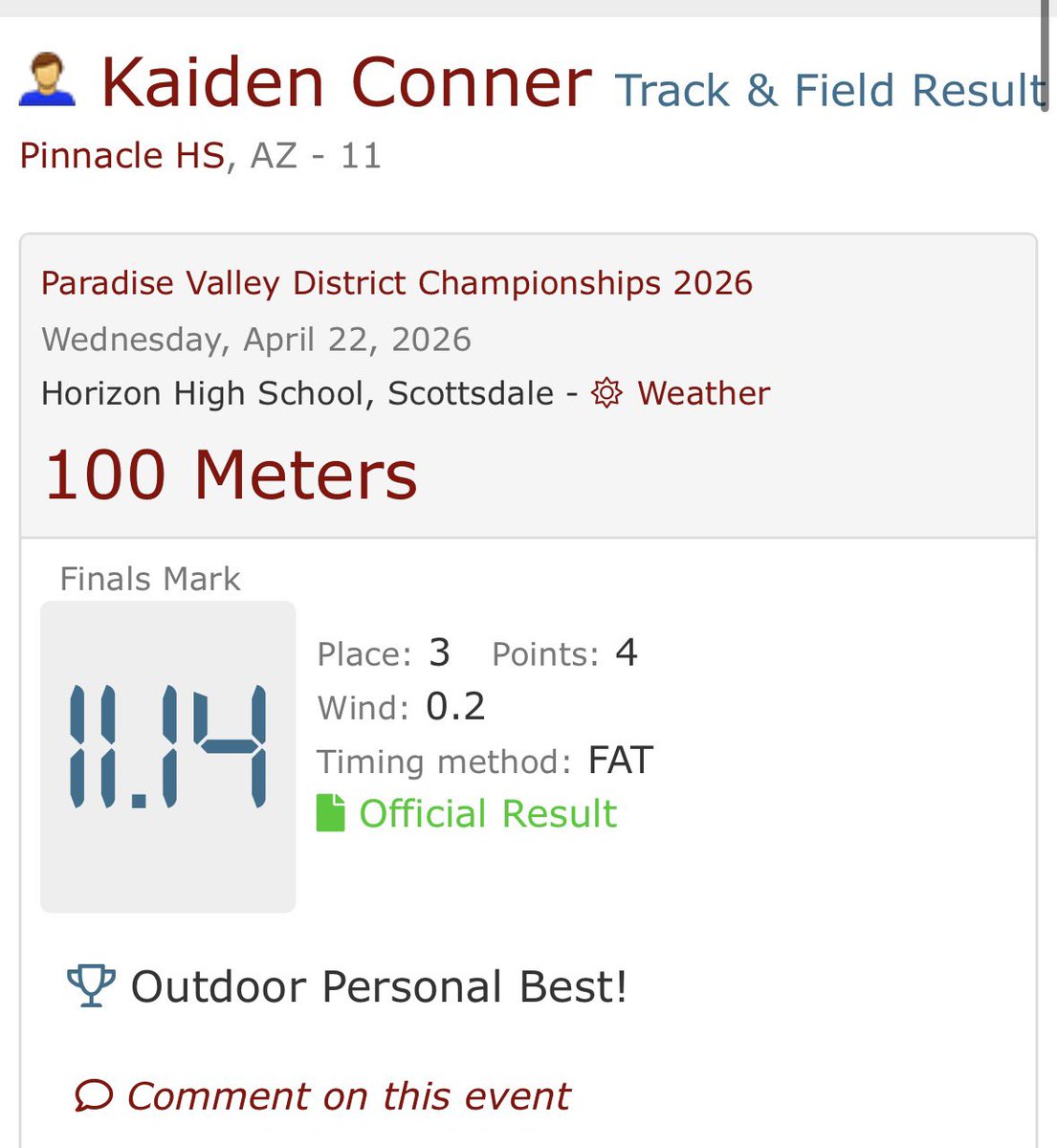 kaiden_conner11's tweet image. Pr’d in the 100m yesterday running 11.14 in lane 1 despite tripping out of my start. #work @lmzworld_ @therealbeadle 
@JUSTCHILLY @247sports
@RivalsHS @CoachPerrone @PinnaclePioneer @PrepRedzoneAZ @jake_benger