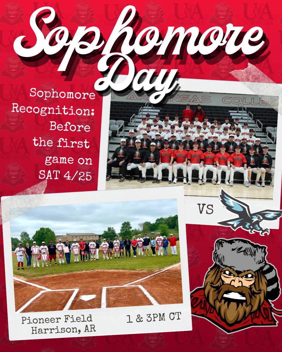 PioneerTeams's tweet photo. ⚾️ Baseball Sophomore Day is Almost Here! ⚾️

Join us for a great day of competition as we celebrate our Sophomores and team!

📅 Saturday, 4/25
🎓 Recognition ceremony before the first game!
🕐 Game times: 1 &amp; 3 PM
📍 Pioneer Field | Harrison, AR https://t.co/jJm2dQglyF
