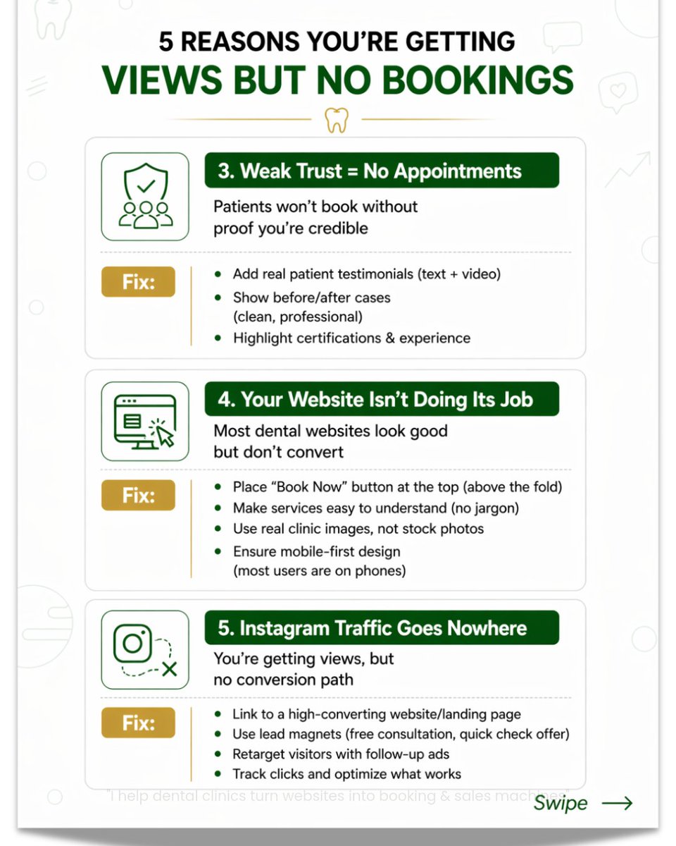anidavid_tips's tweet image. You're not losing patients because you post too little.

You're losing them the moment they hit your website and nothing says "trust me with your teeth."

They're gone In few seconds to your competitor.

Fix What happens after the click

#DentalMarketing #DentistGrowth #Dentist