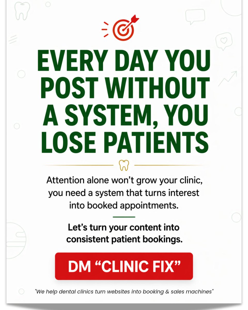 anidavid_tips's tweet image. You're not losing patients because you post too little.

You're losing them the moment they hit your website and nothing says "trust me with your teeth."

They're gone In few seconds to your competitor.

Fix What happens after the click

#DentalMarketing #DentistGrowth #Dentist