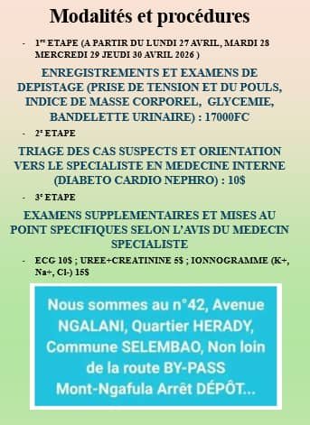 M_Medical2000's tweet photo. CAMPAGNE DE DEPISTAGE ET DE MISE AU POINT DU DIABETE SUCRE, DE L’HYPERTENSION ET DE L’INSUFFISANCE RENALE AU CENTRE MEDICAL 2000

À PARTIR DE 17000FC

DES CE LUNDI 27 AVRIL 2026 https://t.co/uZ2lOCNHjx
