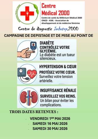 M_Medical2000's tweet photo. CAMPAGNE DE DEPISTAGE ET DE MISE AU POINT DU DIABETE SUCRE, DE L’HYPERTENSION ET DE L’INSUFFISANCE RENALE AU CENTRE MEDICAL 2000

À PARTIR DE 17000FC

DES CE LUNDI 27 AVRIL 2026 https://t.co/uZ2lOCNHjx