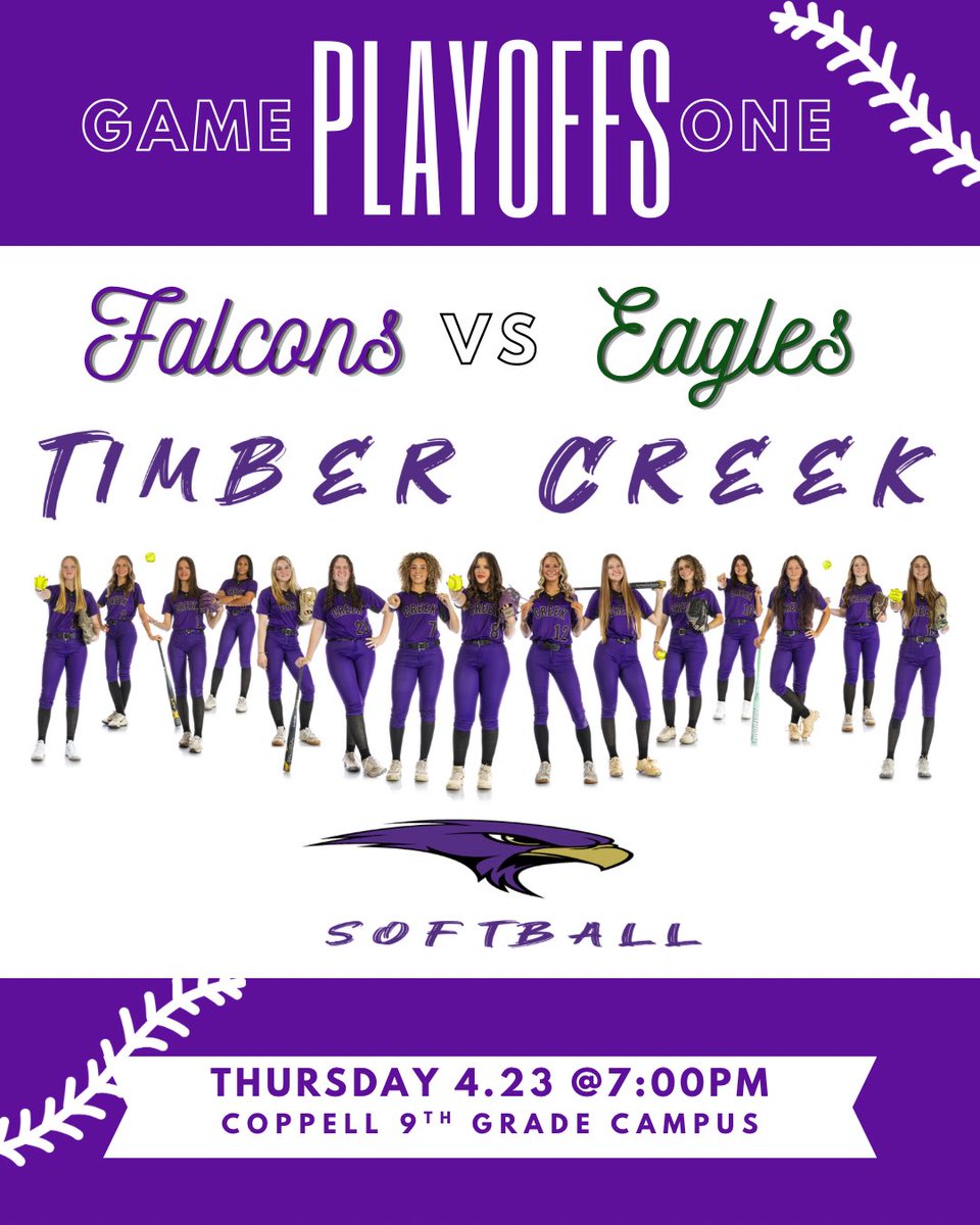 TimberCreekSB's tweet image. 🥎PLAYOFF GAME DAY🥎

@ Coppell 9th grade campus
1301 Wrangler Dr
Coppell, TX 75019

Game time: 7pm

💜GO FALCONS💜